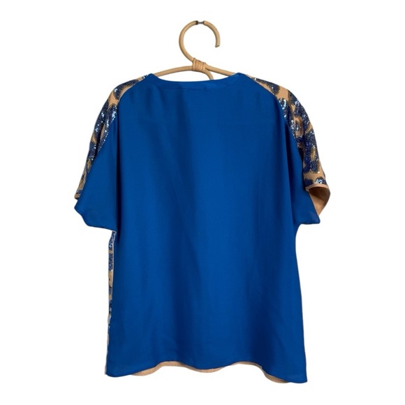 Tracy Reese Mixed Media Cap Sleeve Sequin Sheer Overlay Blue Tan Size M Neiman - Picture 4 of 14